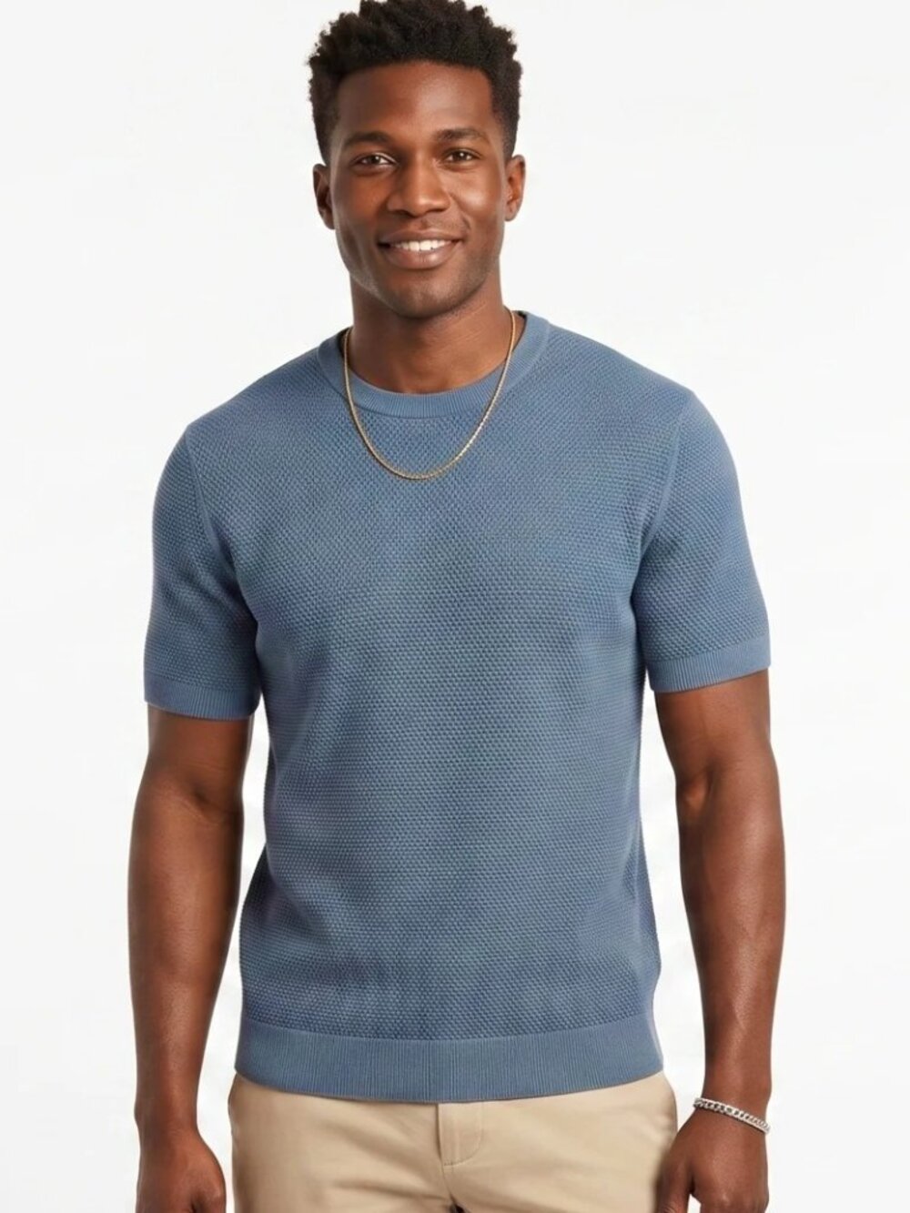 HEDGE Blue Knit Textured Tee